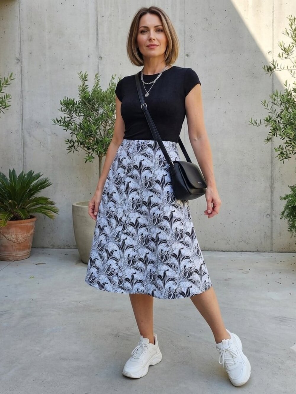 Tommy Hilfiger Graphic Floral Cotton Skirt Size 14 Black White A-Line Midi